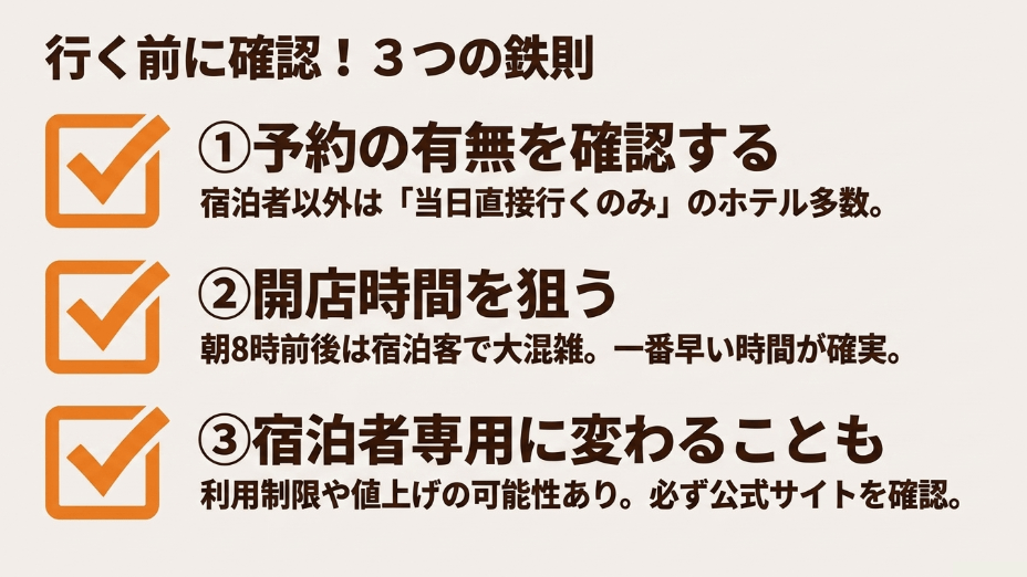 行く前に確認!3つの鉄則:予約の有無を確認する、開店時間を狙う、宿泊者専用に変わることも