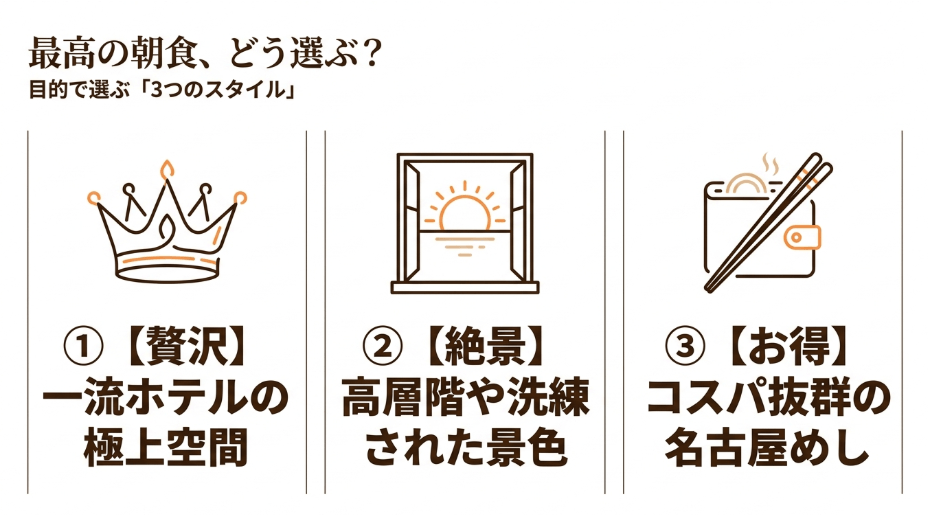 最高の朝食の選び方 目的で選ぶ3つのスタイル:贅沢、絶景、お得