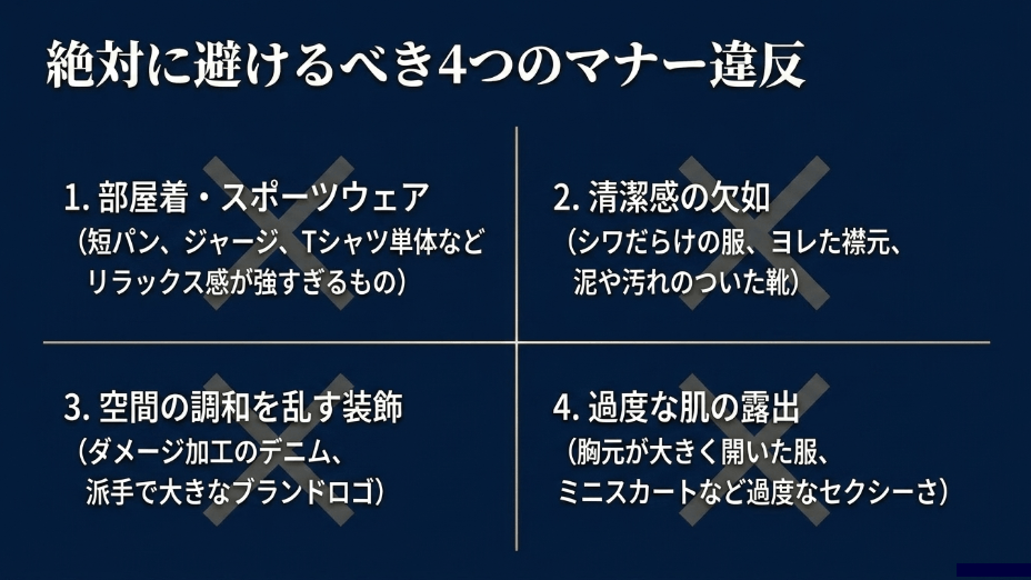 スマートカジュアルで避けるべき4つのマナー違反。部屋着・スポーツウェア、清潔感の欠如、空間の調和を乱す装飾、過度な肌の露出