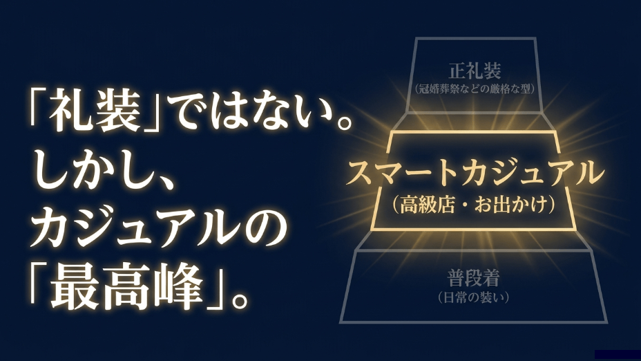 スマートカジュアルは礼装ではないが、カジュアルの最高峰。正礼装や普段着との違いを示す図解