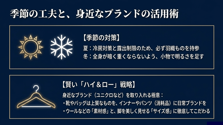 夏と冬の季節ごとの服装対策と、インナー等に身近なブランドを活用するハイ&ロー戦略の極意