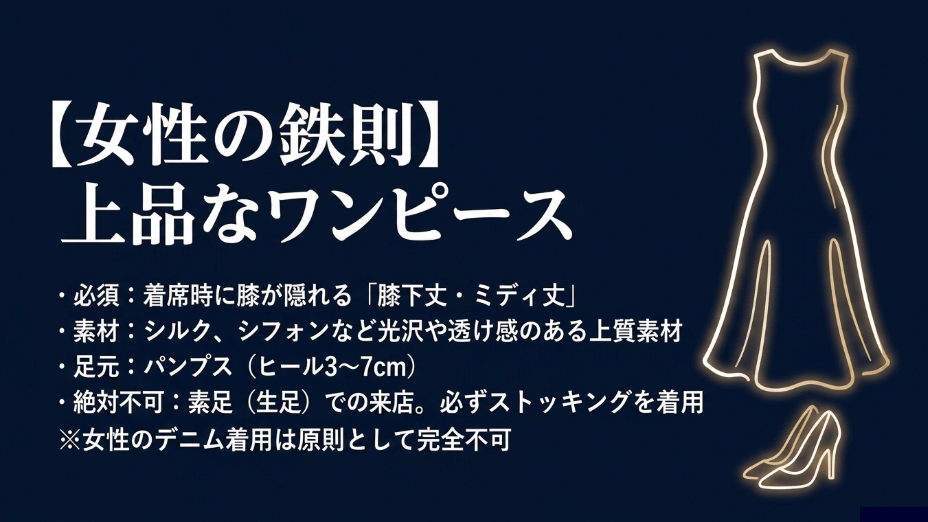 女性のスマートカジュアルの基本スタイル。膝下丈の上品なワンピース、パンプスの着用。素足やデニムは原則不可というルール