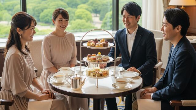 帝国ホテルのラウンジでアフタヌーンティーを楽しむスマートカジュアルな男女4人組。窓からは日比谷公園が見える