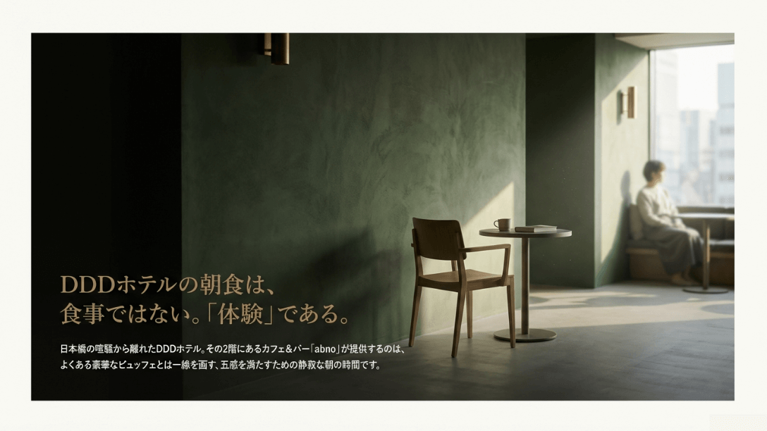 日本橋馬喰町のDDDホテルで提供される、五感を満たす静寂な朝食体験のコンセプト画像