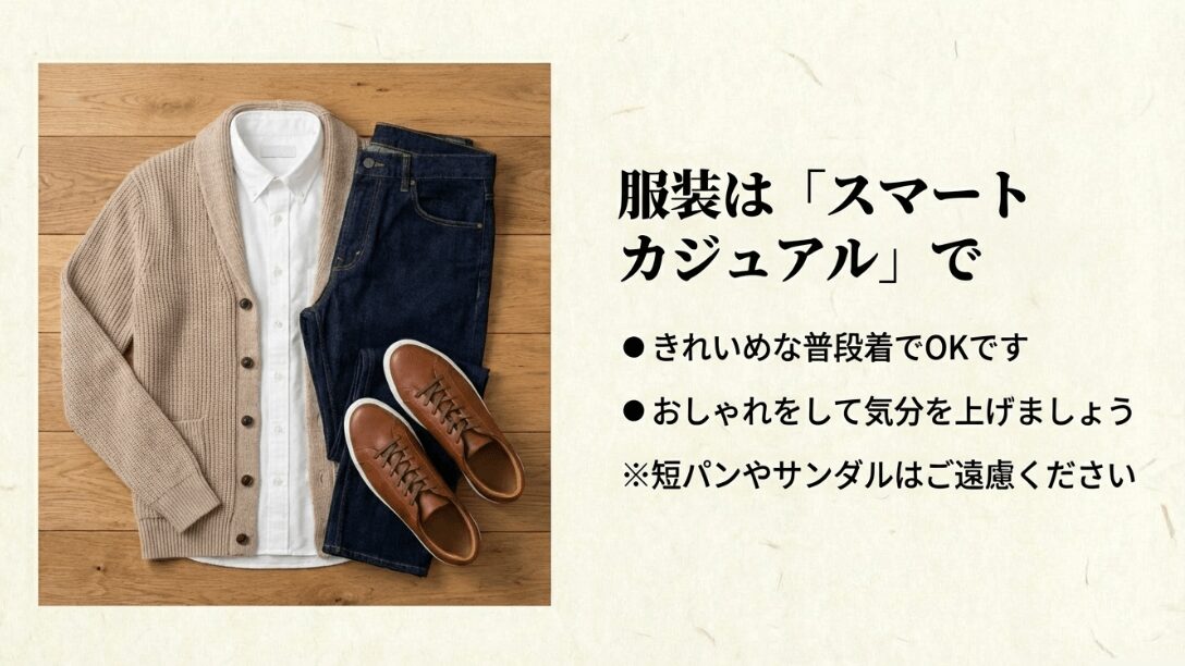 カーディガンやシャツ、デニムを合わせたスマートカジュアルの例と、短パンやサンダルは控えるよう注意を促すスライド。