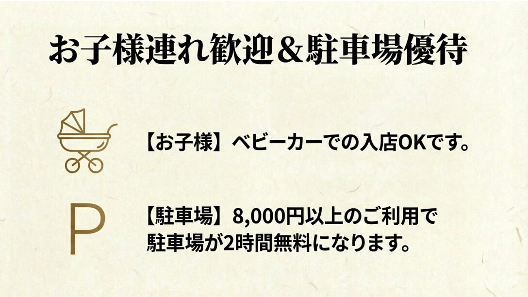 ベビーカーでの入店OK、8,000円以上の利用で駐車場が2時間無料になる特典を説明するアイコン付きのスライド。