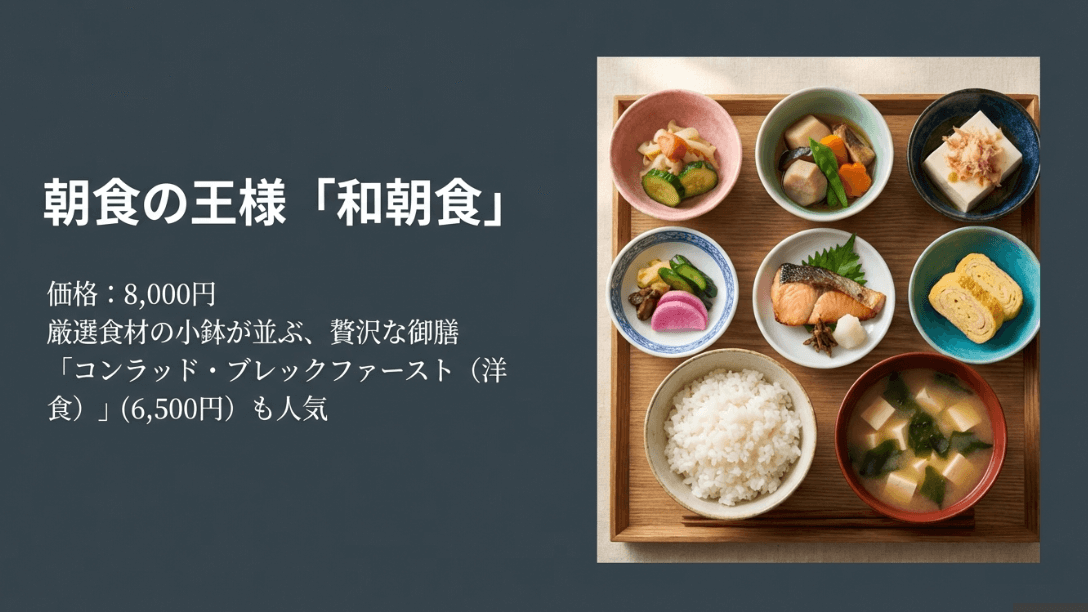 厳選された食材の小鉢が並ぶ豪華な和朝食「朝食の王様」のイメージ。価格8,000円、コンラッド・ブレックファースト(洋食)6,500円の案内。