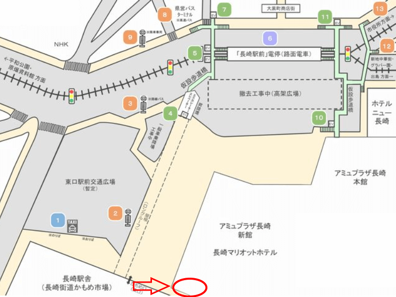 JR長崎駅から長崎マリオットホテルへのアクセスマップ