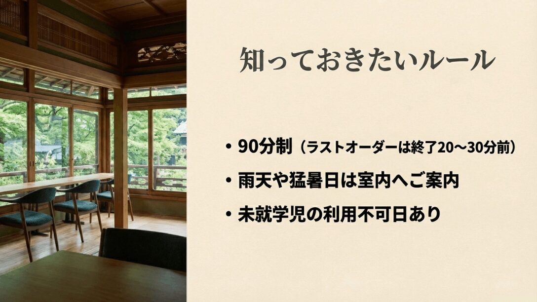 90分制の利用時間や雨天時の案内など、茶寮 八翠を利用する際の注意事項。