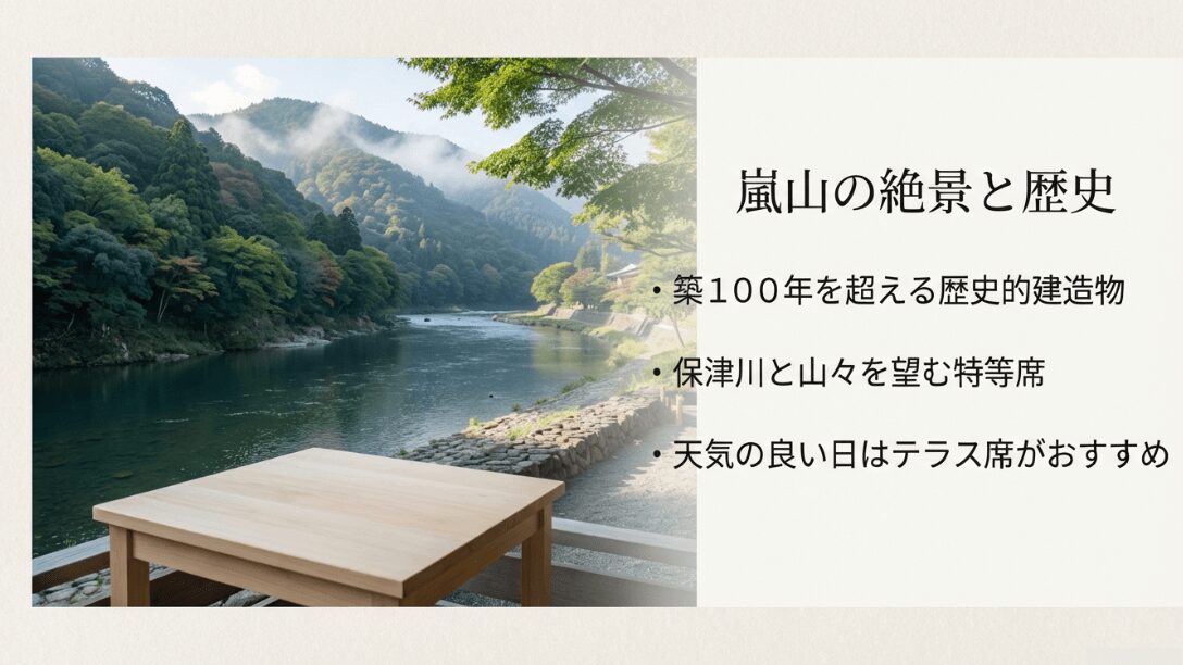 築100年を超える建物から保津川と嵐山の山々を望む特等席の風景。