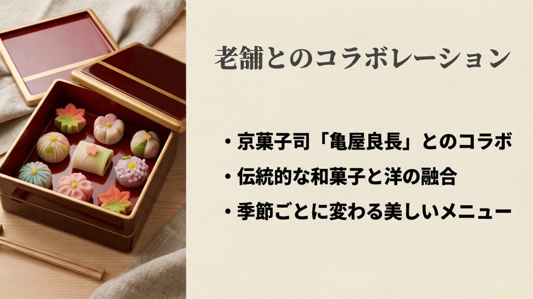 重箱に入った「亀屋良長」とのコラボレーションによる、季節ごとに変わる美しい和菓子の詰め合わせ。