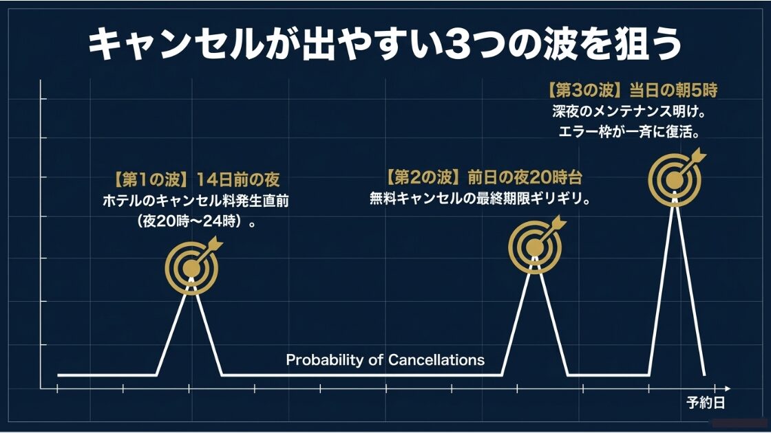 14日前の20-24時、前日の20時台、当日朝5時の3つのキャンセル放出ピークを示すグラフ