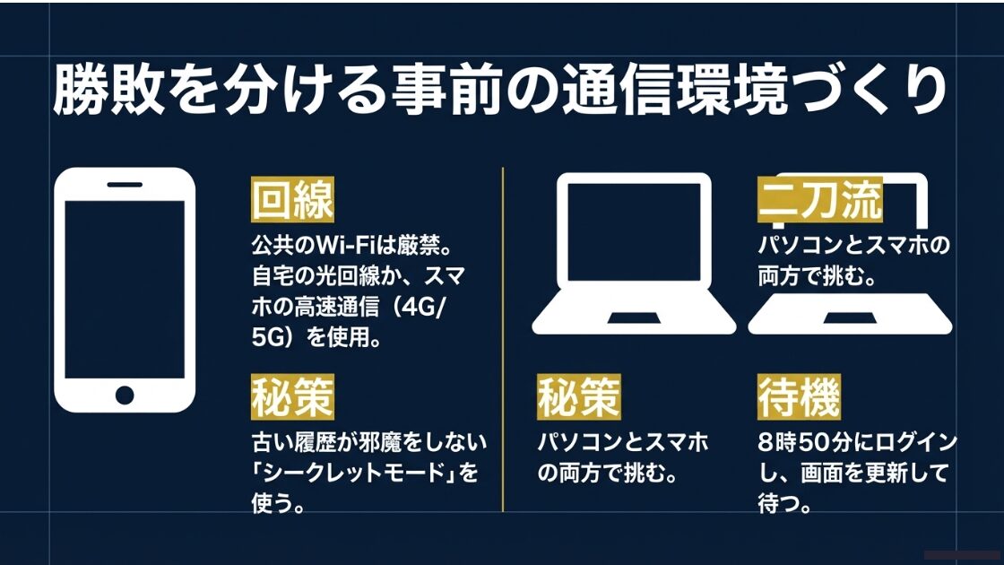 公共Wi-Fi厳禁、シークレットモードの使用、PCとスマホの二刀流、8時50分のログイン待機を推奨する解説図