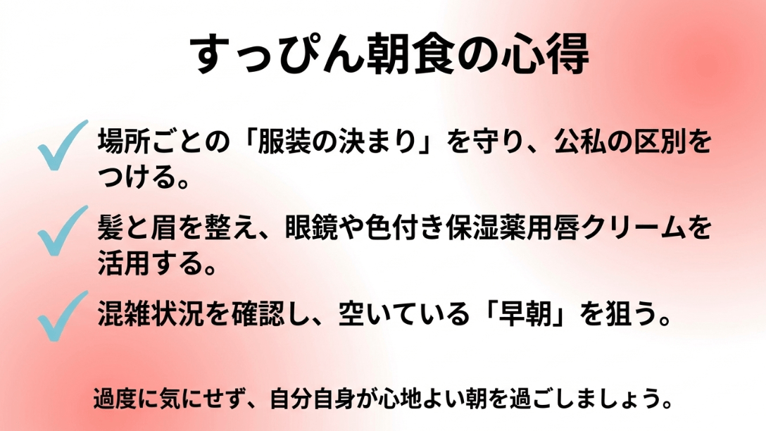 服装の決まりを守る、髪・眉を整える、混雑を避ける、自分自身が心地よく過ごすというまとめのチェックリスト