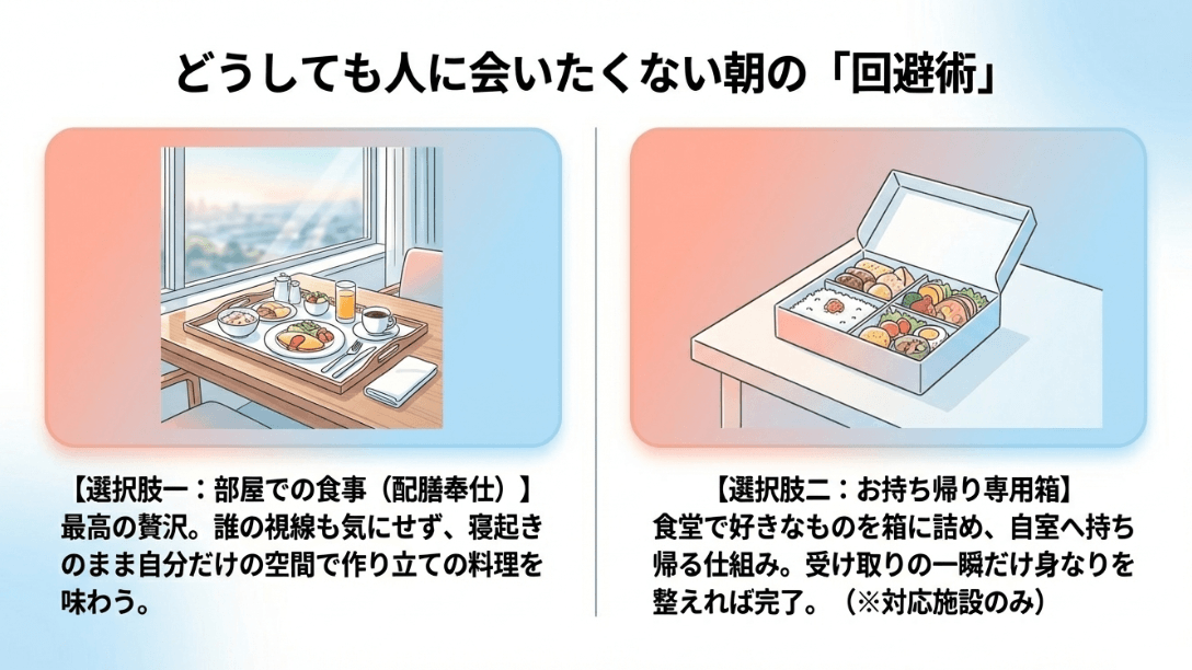 部屋での配膳サービスとお持ち帰り専用箱の2つの回避術を紹介するイラスト入りスライド