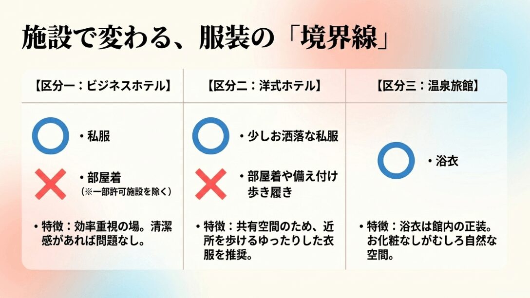 ビジネスホテル、洋式ホテル、温泉旅館ごとの服装(私服・部屋着・浴衣)のルールをまとめた比較表