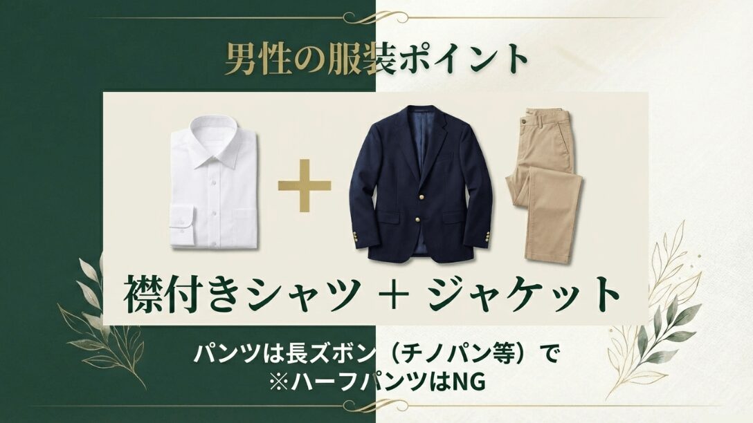 襟付きシャツにジャケット、チノパンなどの長ズボンを合わせた男性の推奨スタイル