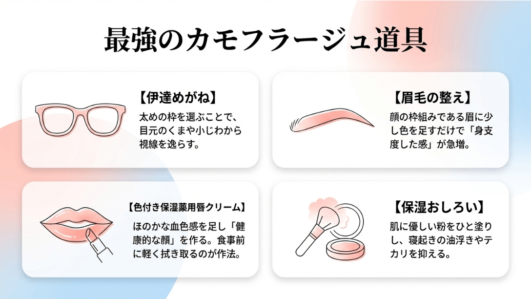 伊達めがね、眉毛の整え、色付きリップ、保湿おしろいなど、ノーメイクをカバーするアイテムの紹介