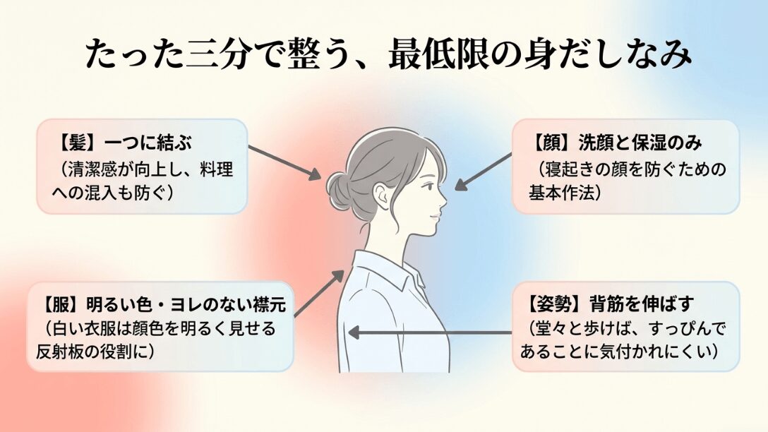 髪を一つに結ぶ、洗顔と保湿、明るい色の服、背筋を伸ばすといった、清潔感を出すための4つのポイント