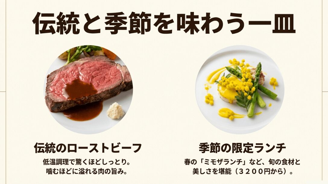 低温調理のローストビーフと、春の彩り鮮やかなミモザランチの料理写真