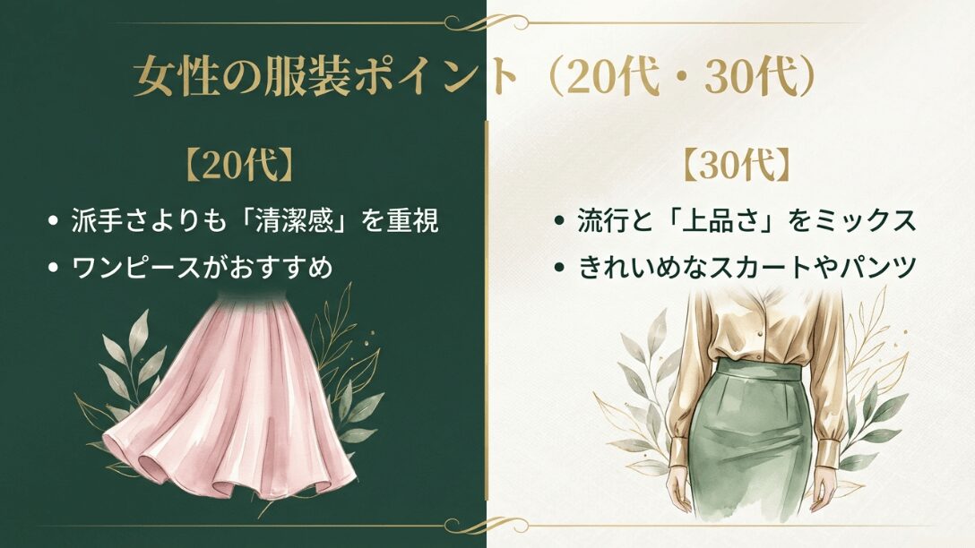 20代は清潔感重視のワンピース、30代は上品なスカートやパンツスタイルを推奨する年代別ガイド