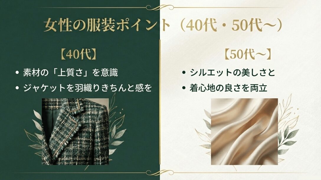 上質な素材と美しいシルエット、ジャケットを羽織ったきちんと感を大切にする大人の装い