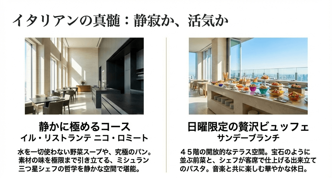 イル・リストランテ ニコ・ロミートの静かなコース料理と、日曜限定の華やかなサンデーブランチの比較
