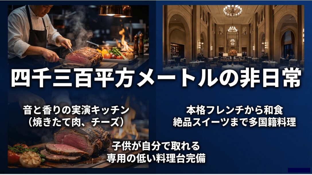 焼きたて肉や本格フレンチなど多国籍料理を提供する音と香りの実演キッチンの様子