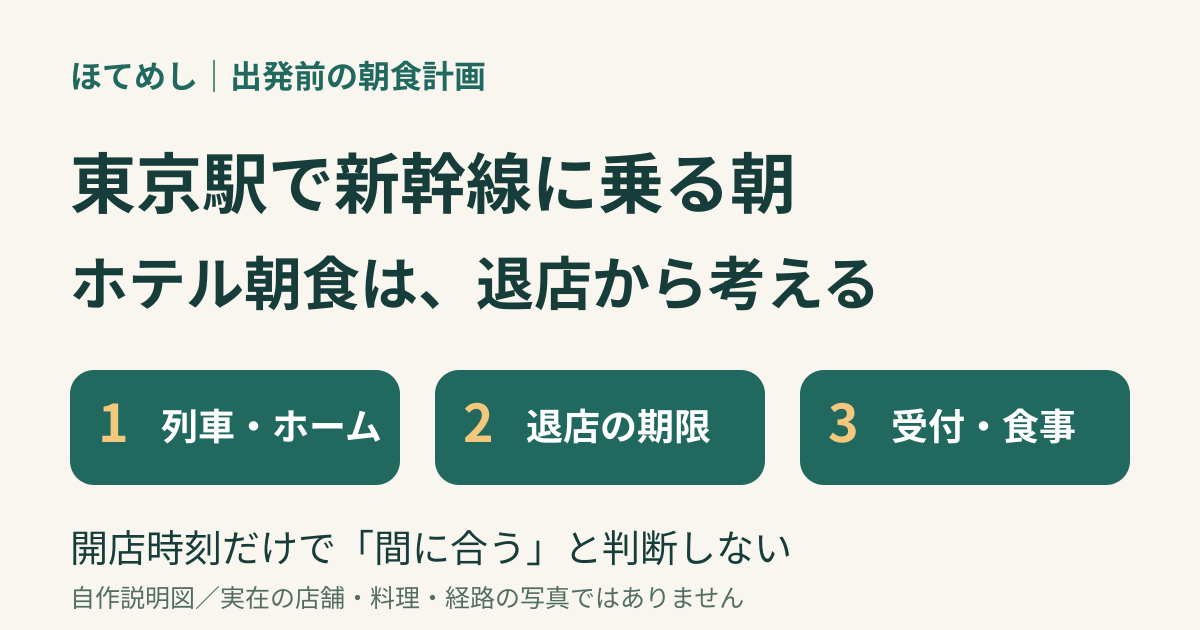 東京駅で新幹線に乗る前の朝食計画を、列車・ホーム、退店期限、受付と食事の順で示す編集部作成の説明図