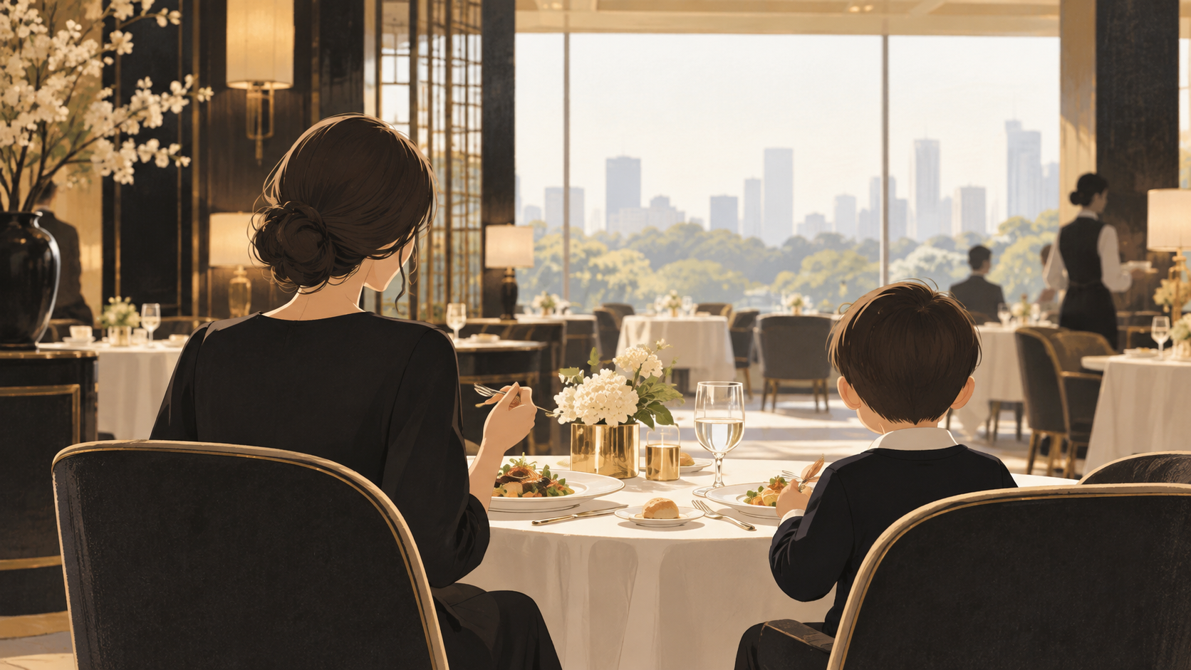 ホテルレストランで食事を楽しむ親子のイメージイラスト(AI生成)